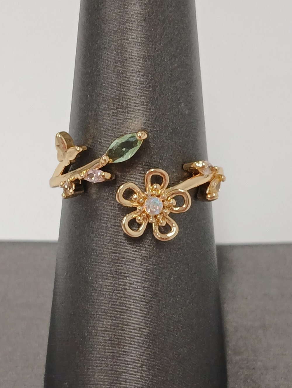 NEW! 18k Gold Plated Fairy Floral Open Ring with Green & Pink Stones OSFM